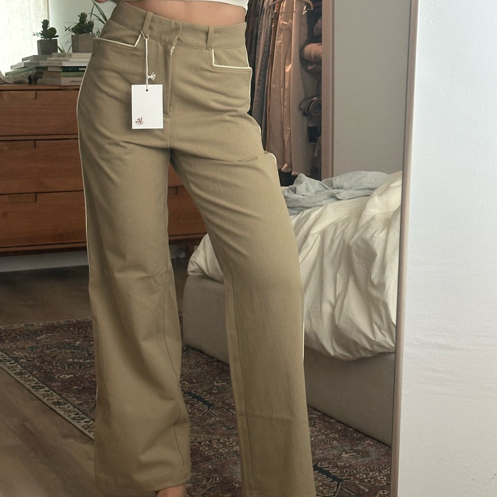 NWT Cherry LA Khaki Wide-Leg Pants with White Trim